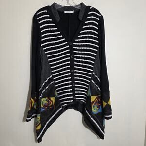 Adore asymmetrical striped wide colorful metallic sleeve button sweater woman L